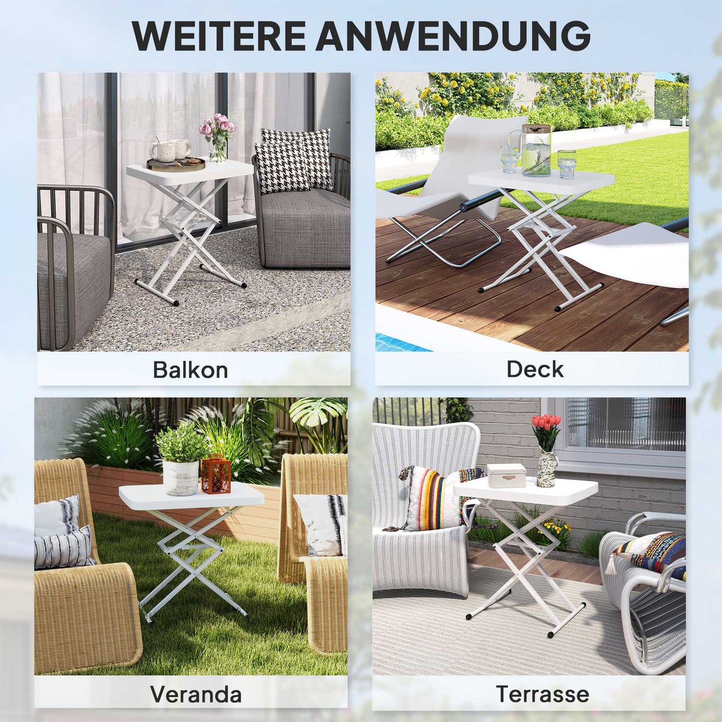 Adjustable outdoor garden table - plastic, folding, white