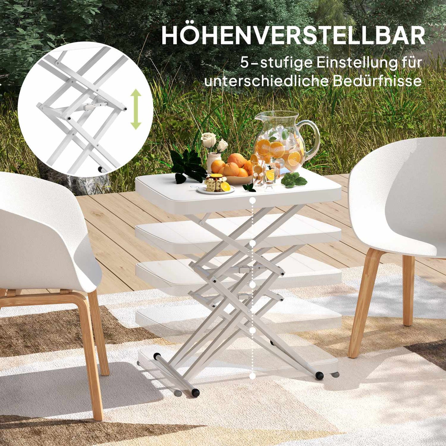Adjustable outdoor garden table - plastic, folding, white