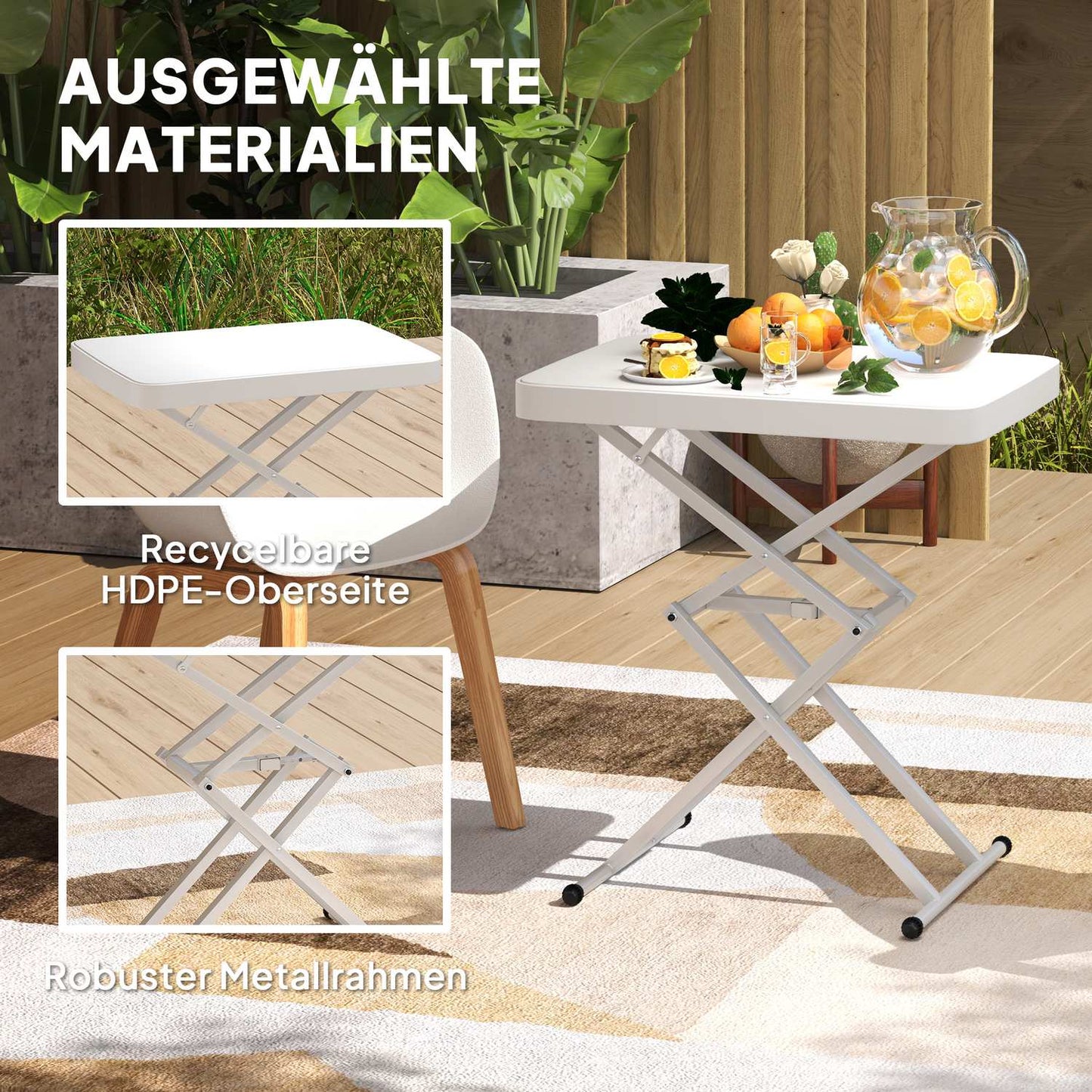 Adjustable outdoor garden table - plastic, folding, white