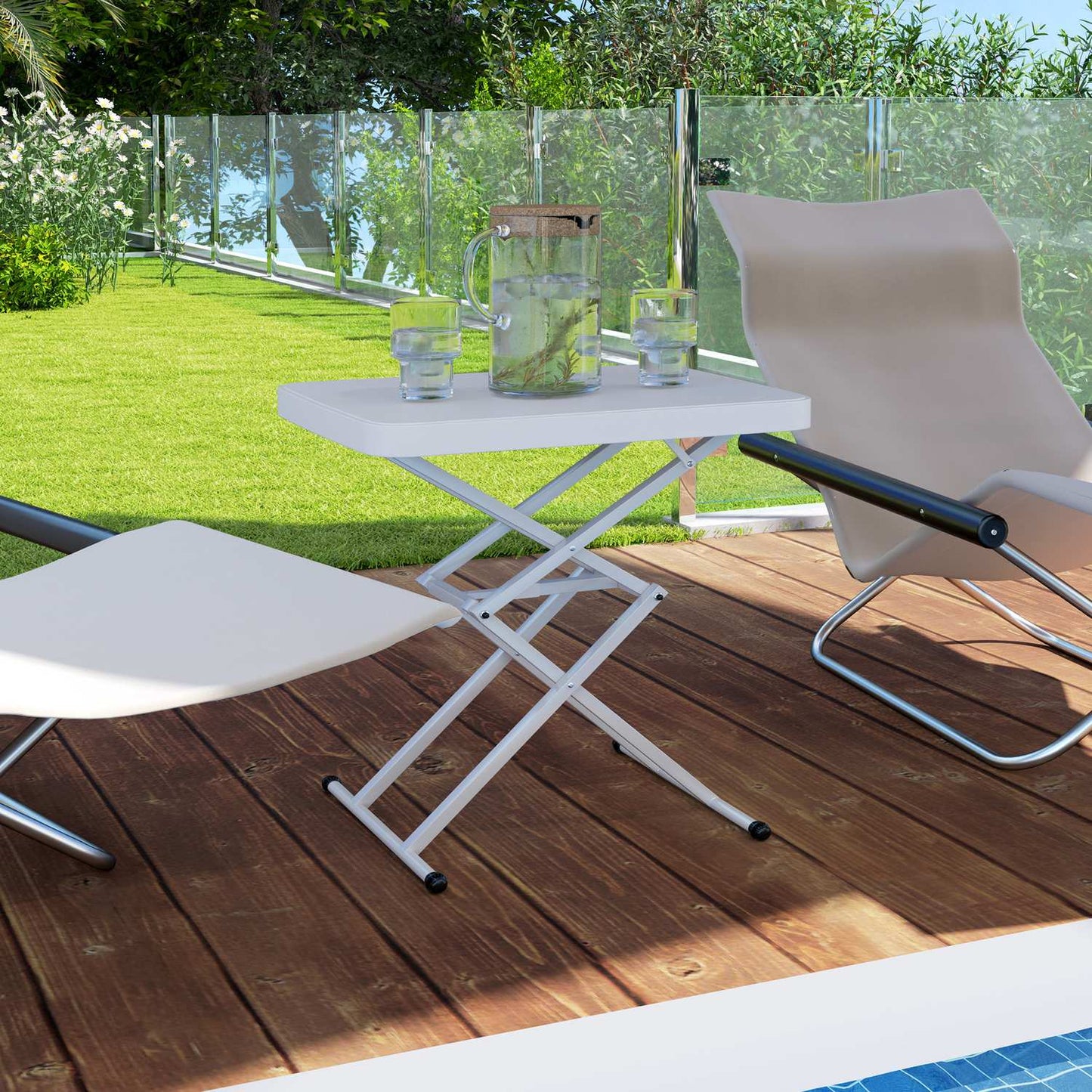 Adjustable outdoor garden table - plastic, folding, white