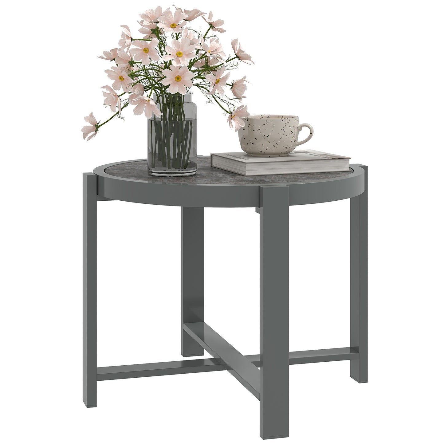 Round weatherproof aluminum table, marble look – grey