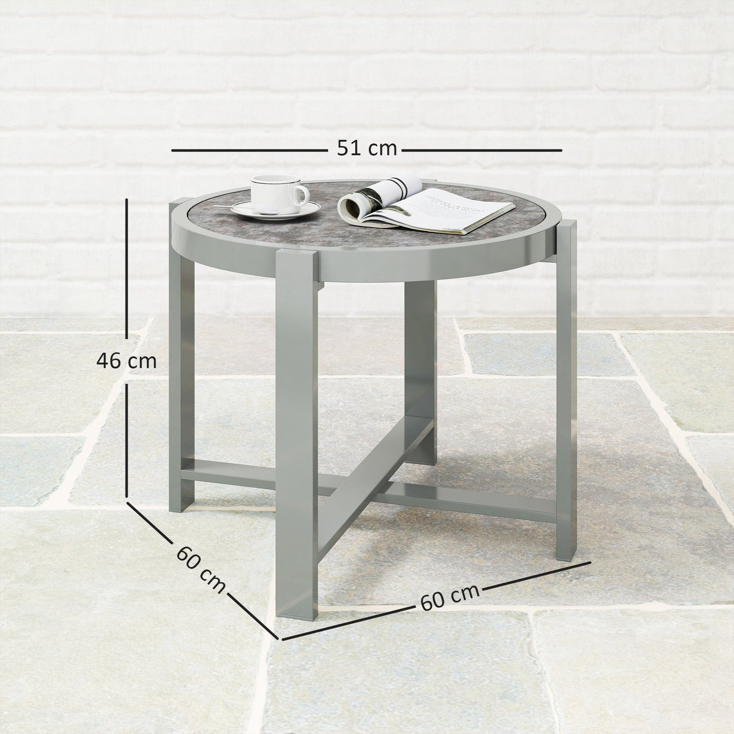 Round weatherproof aluminum table, marble look – grey