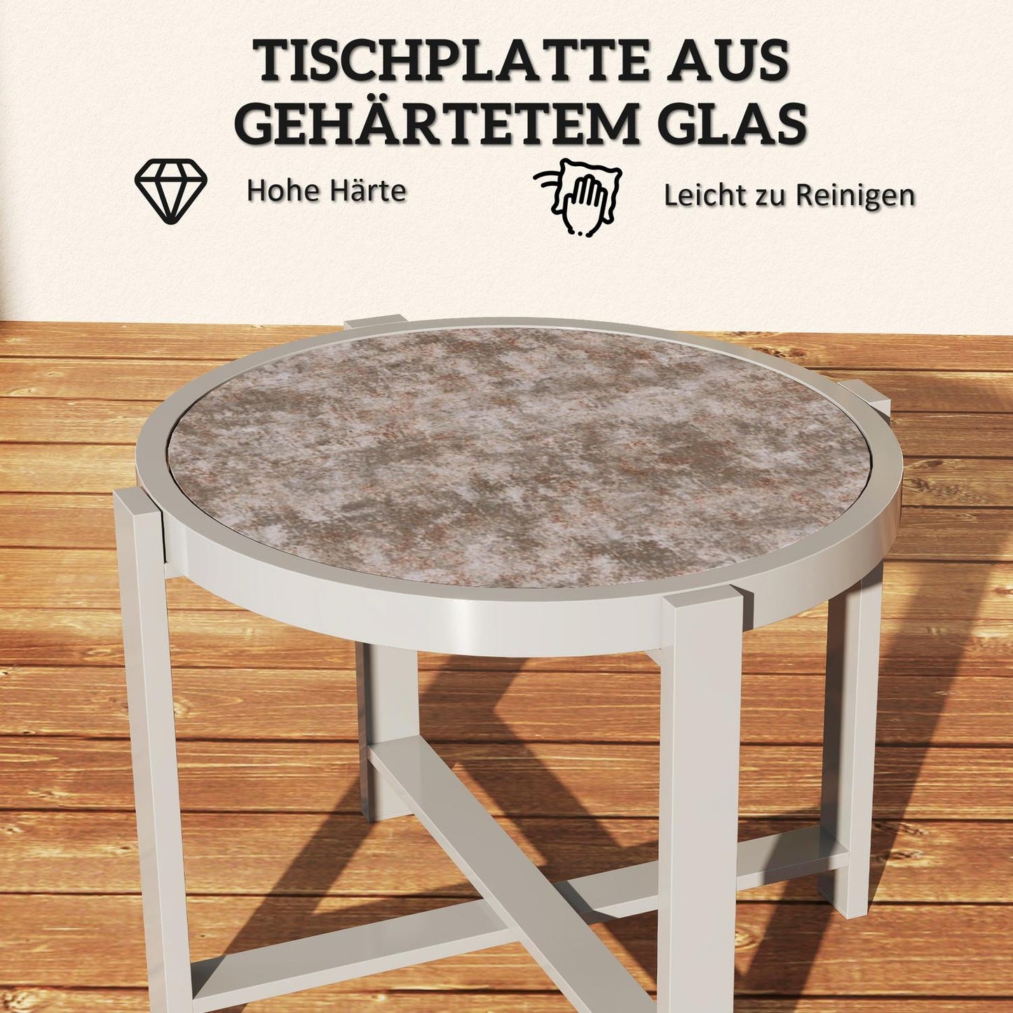 Round weatherproof aluminum table, marble look – grey