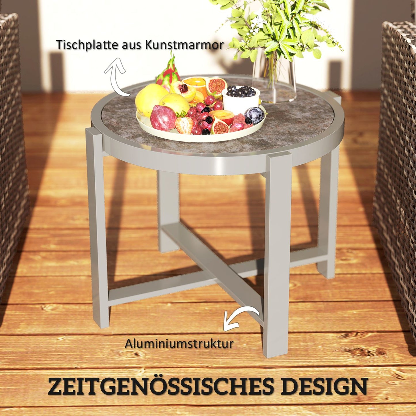 Round weatherproof aluminum table, marble look – grey
