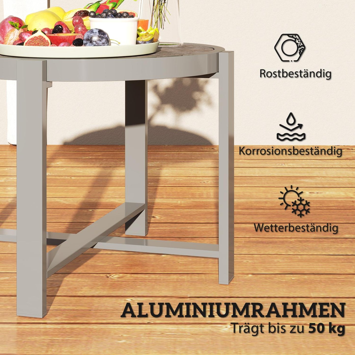 Round weatherproof aluminum table, marble look – grey
