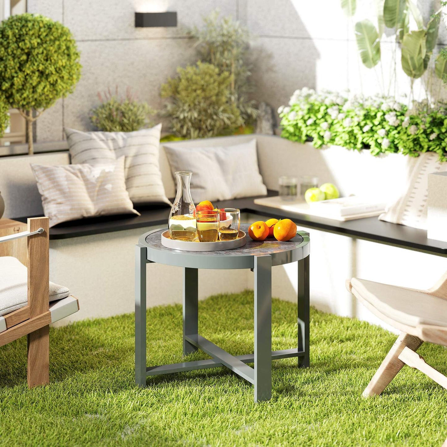 Round weatherproof aluminum table, marble look – grey