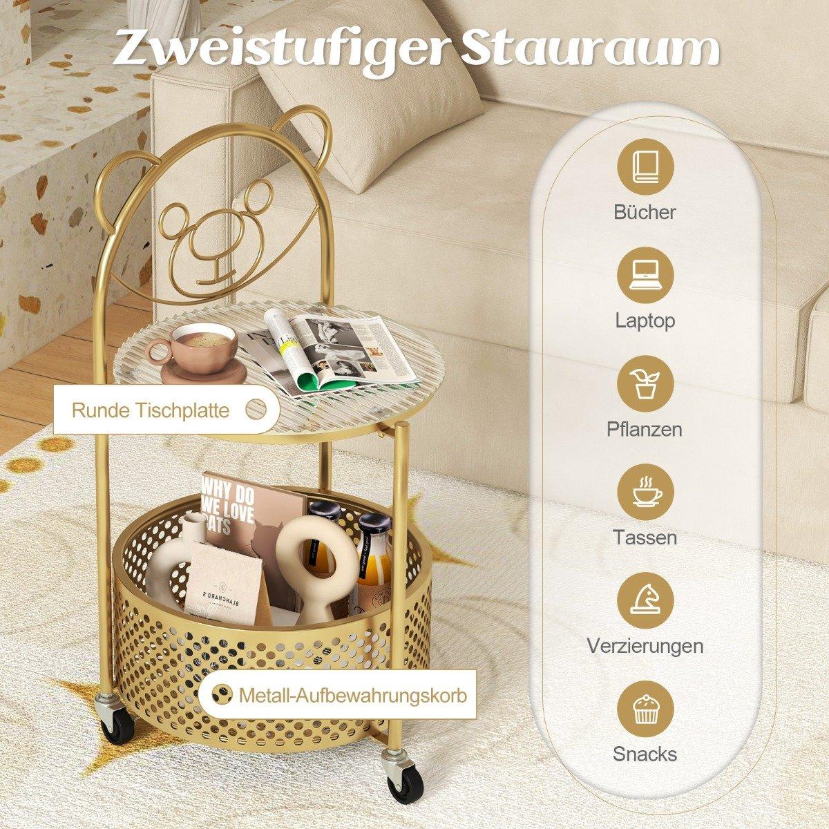 Side table glass with wheels 2-tier glass table round with bear pattern gold