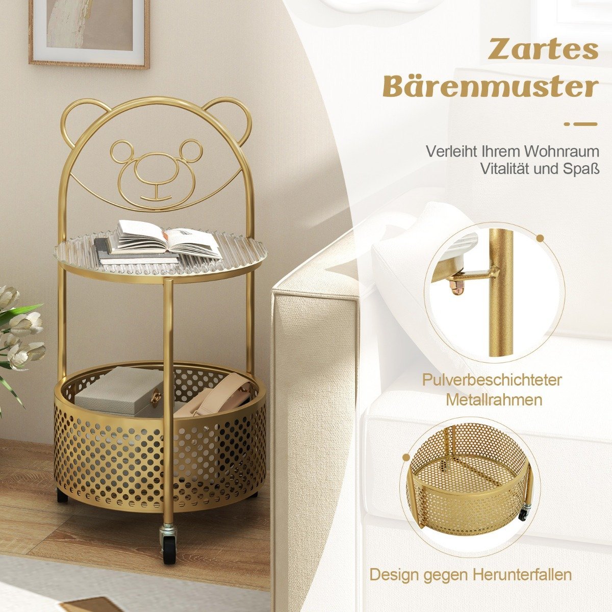 Side table glass with wheels 2-tier glass table round with bear pattern gold