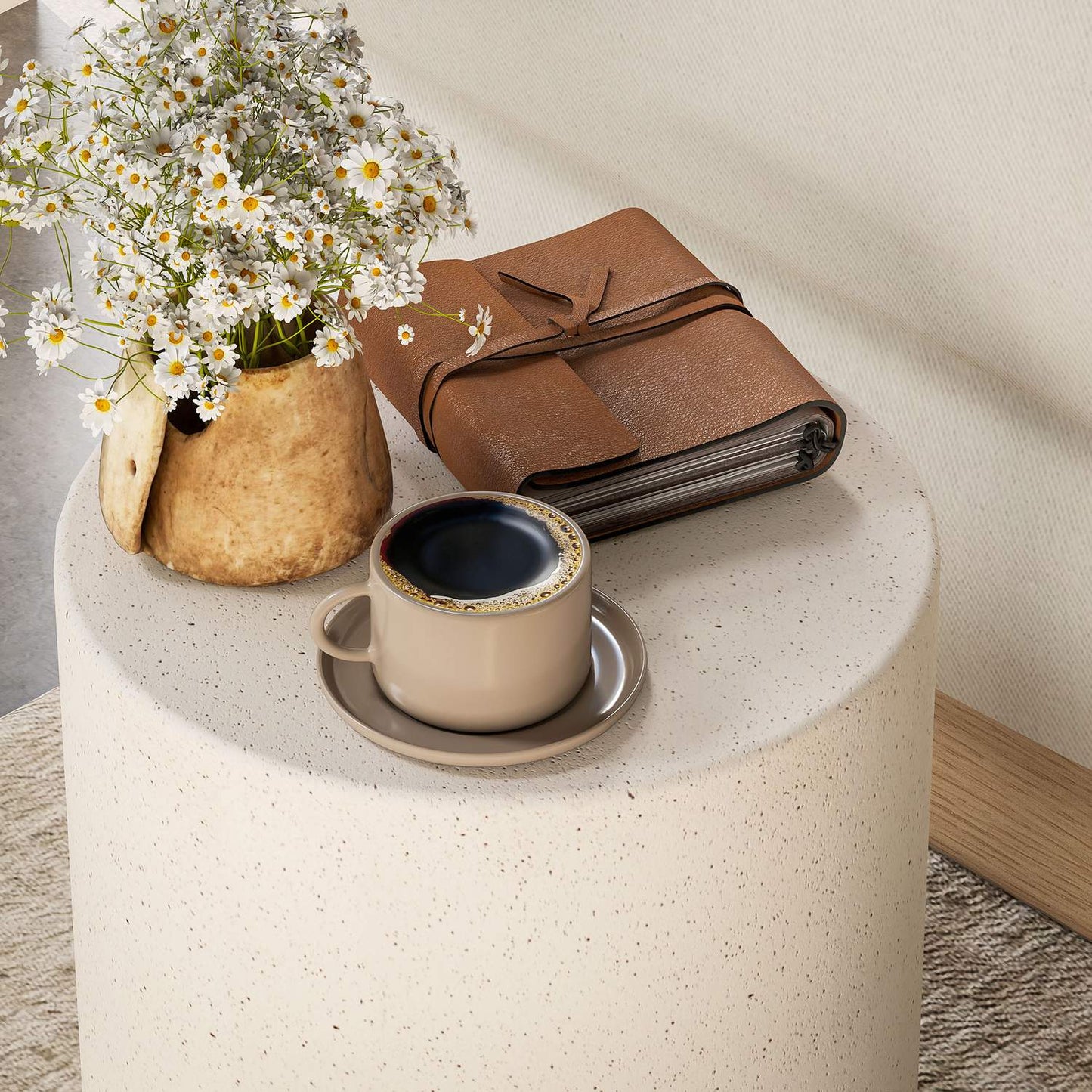 Creme White Stone-Look Coffee Table, Ø37 x 43 cm