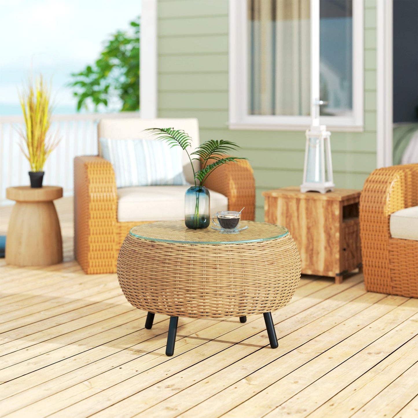 Round coffee table in poly rattan with glass top - Ø75 x 42 cm
