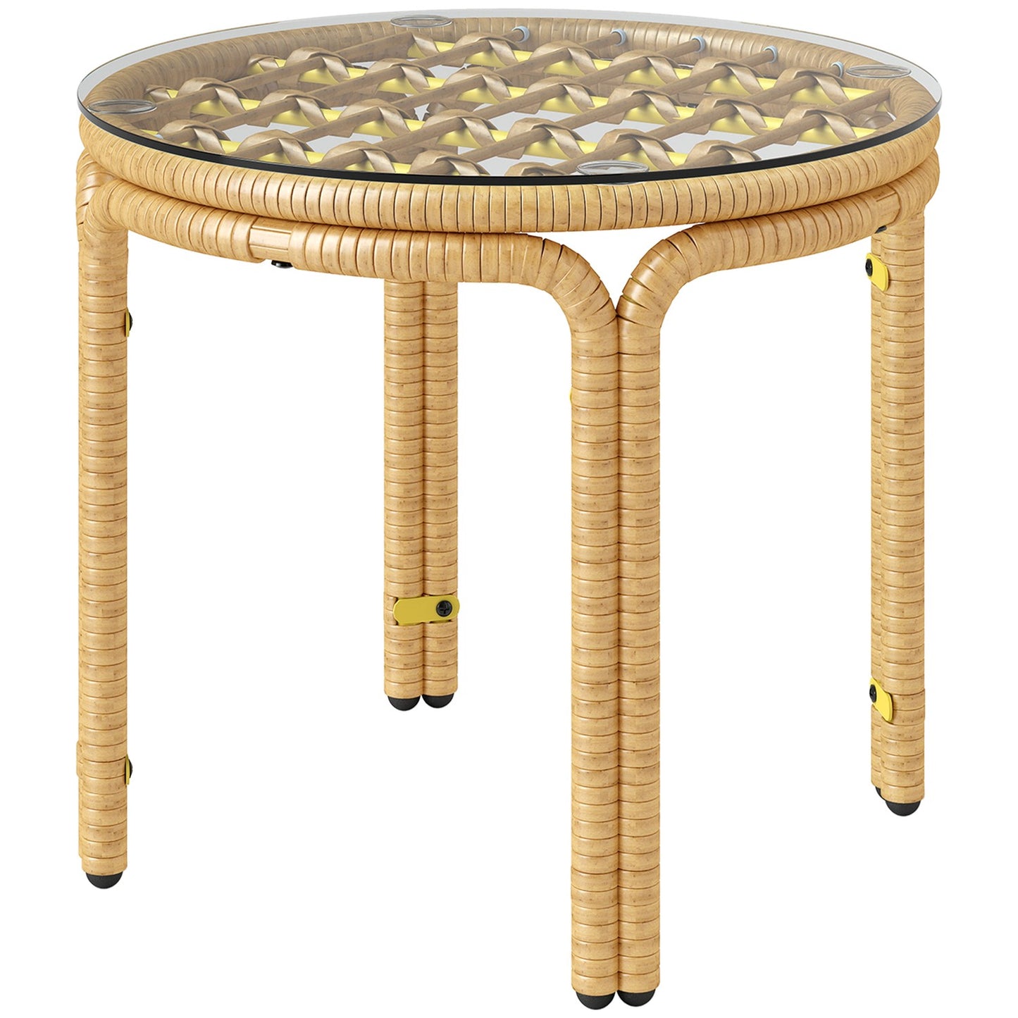Round side table in poly rattan, Glass top, Ø50 cm, Yellow