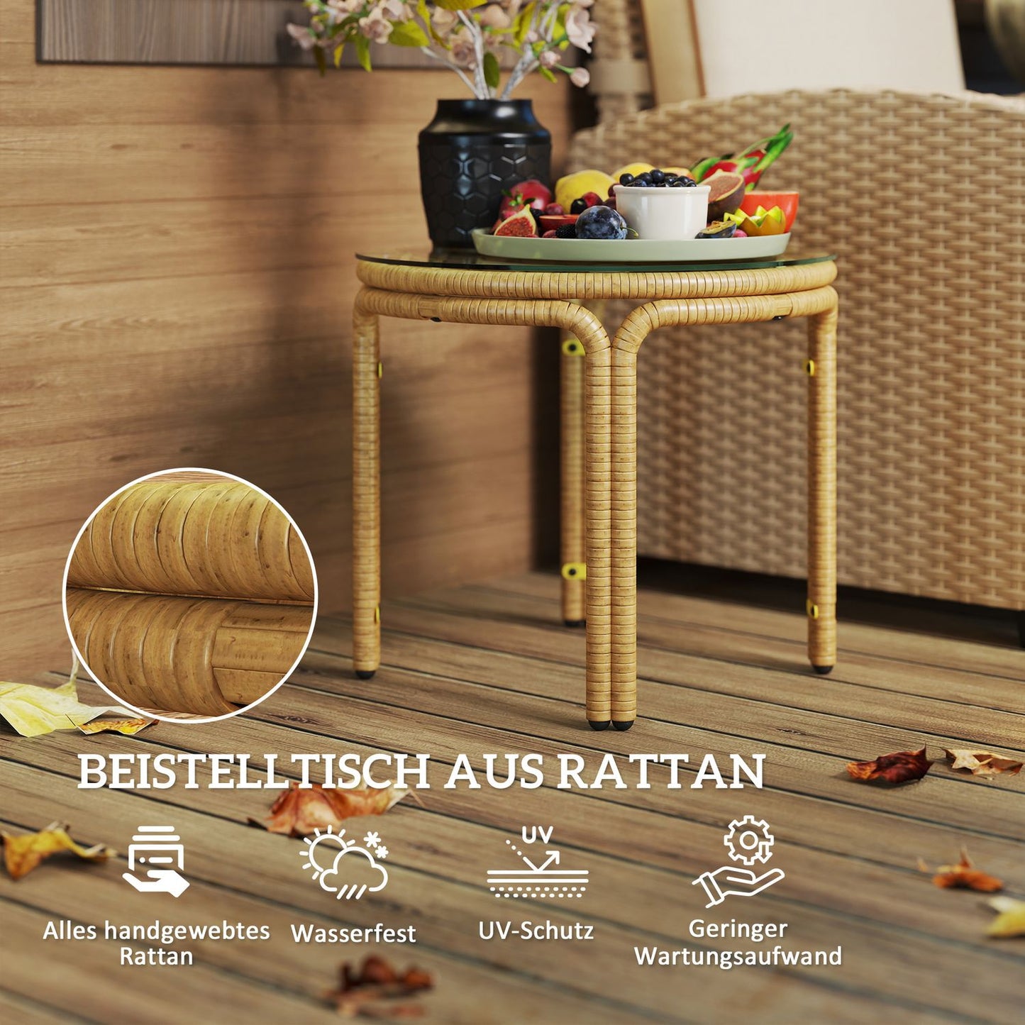 Round side table in poly rattan, Glass top, Ø50 cm, Yellow