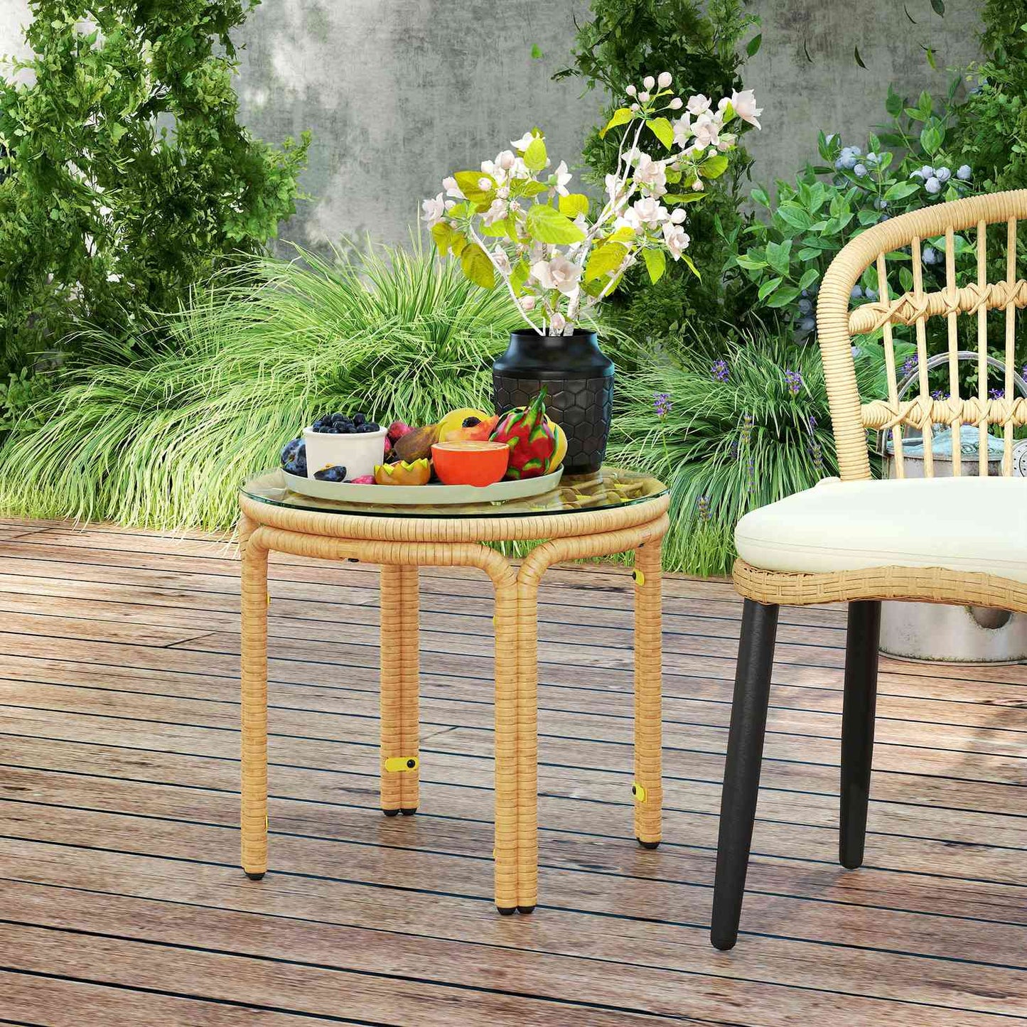 Round side table in poly rattan, Glass top, Ø50 cm, Yellow