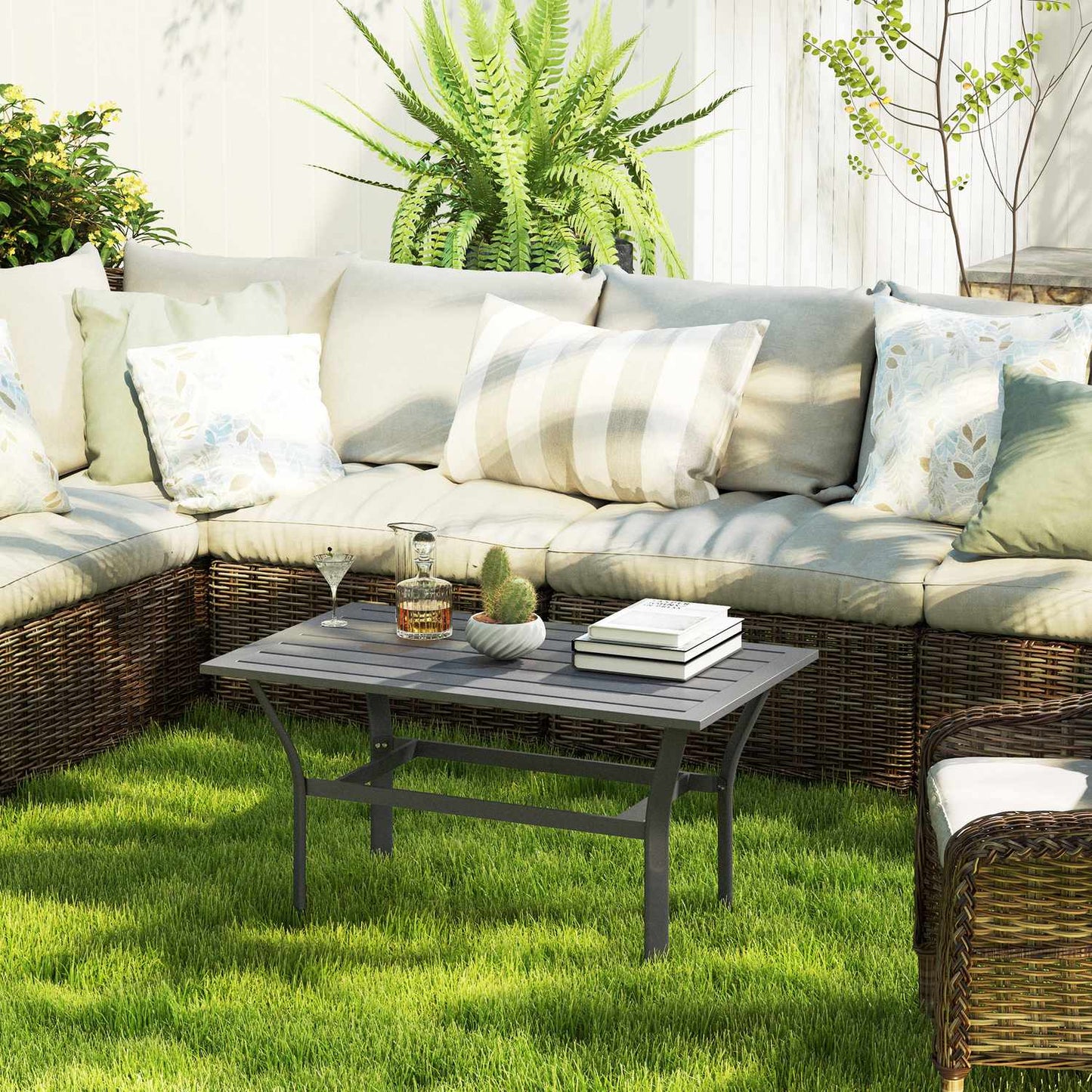 Dark gray metal outdoor table, weather resistant and easy to maintain