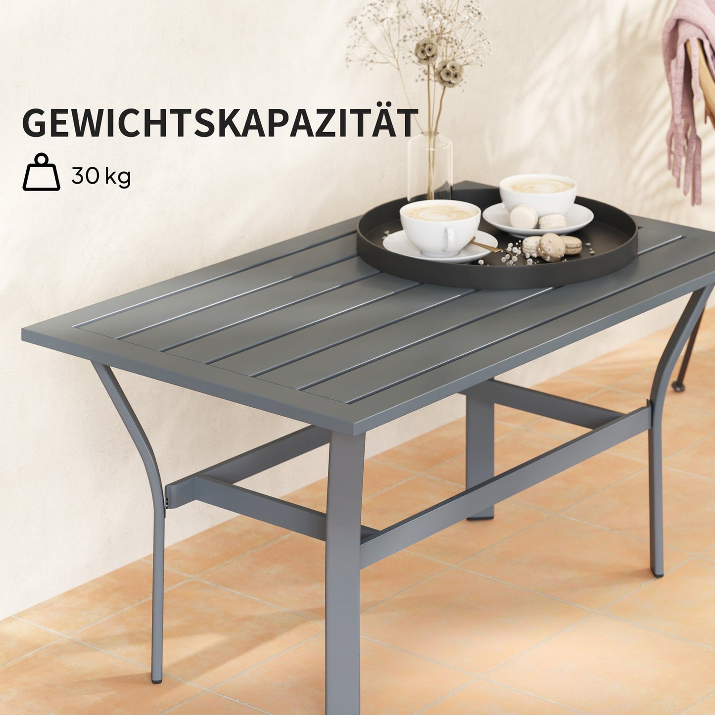 Dark gray metal outdoor table, weather resistant and easy to maintain
