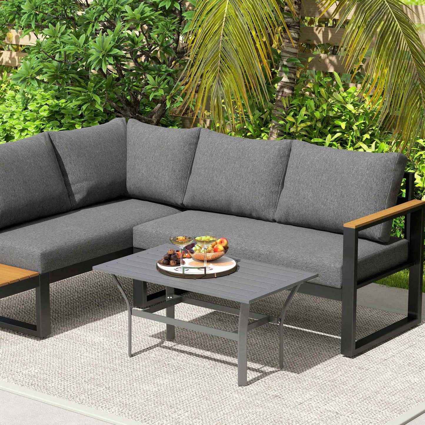 Dark gray metal outdoor table, weather resistant and easy to maintain