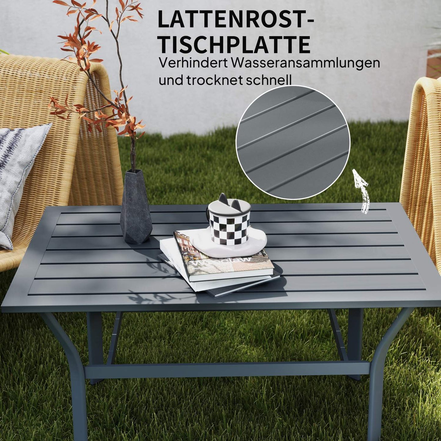 Dark gray metal outdoor table, weather resistant and easy to maintain