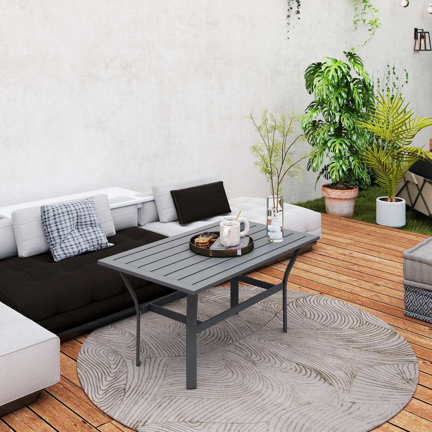 Dark gray metal outdoor table, weather resistant and easy to maintain