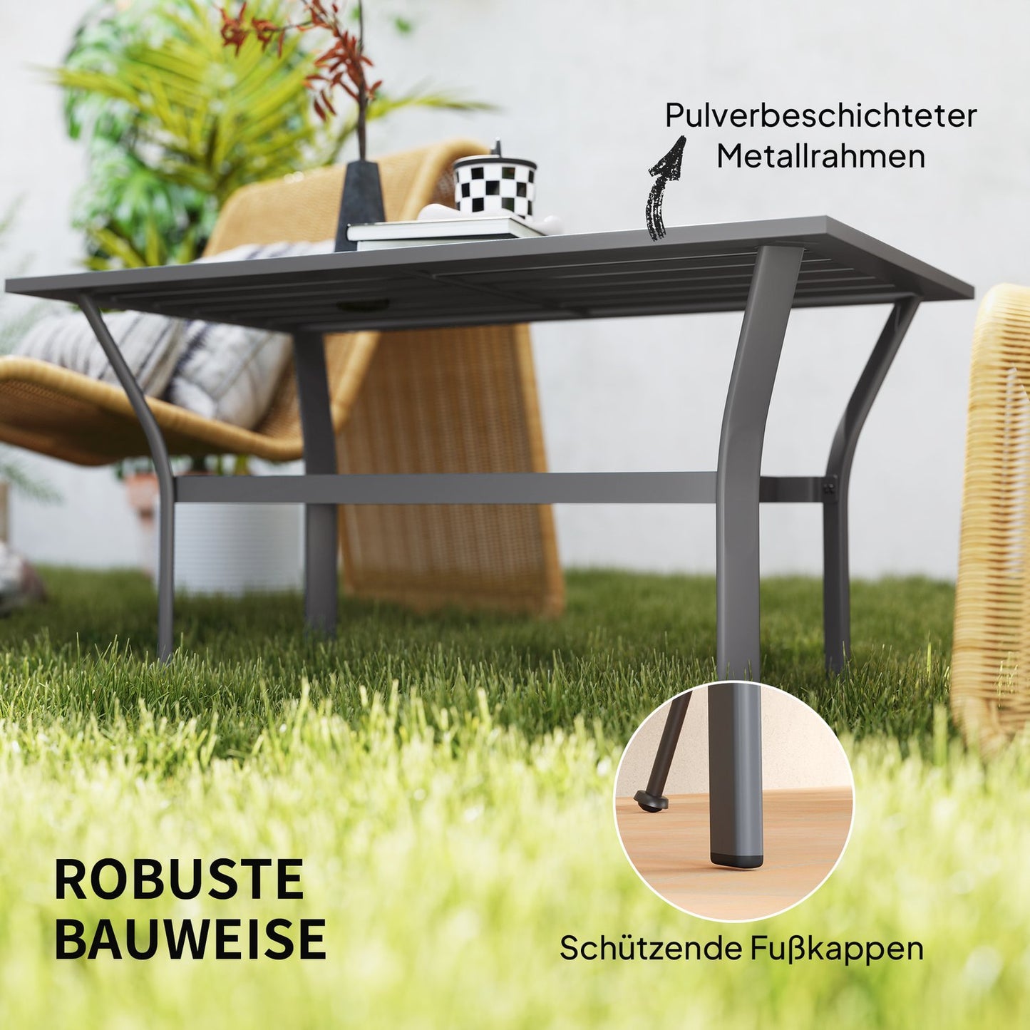 Dark gray metal outdoor table, weather resistant and easy to maintain