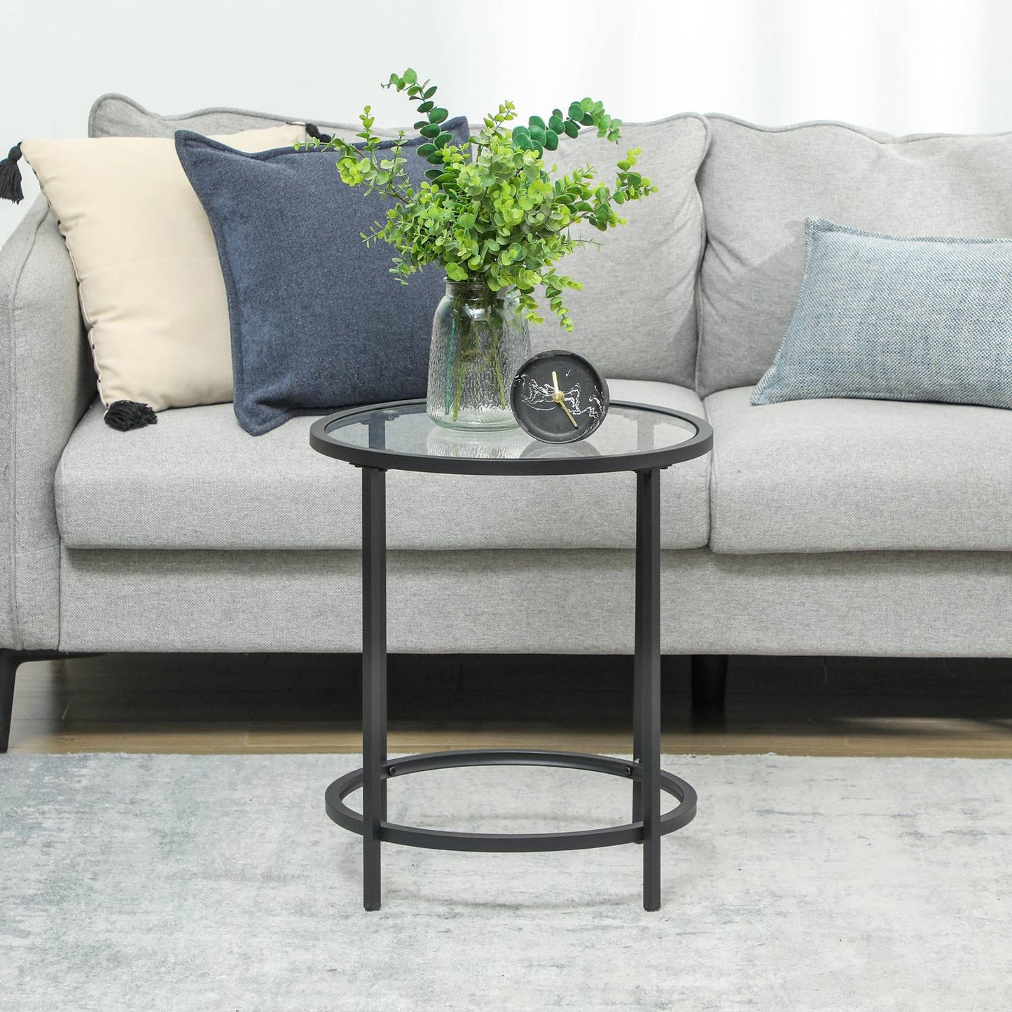 Black round side table - Glass top, metal frame, Ø48 x 54.7 cm