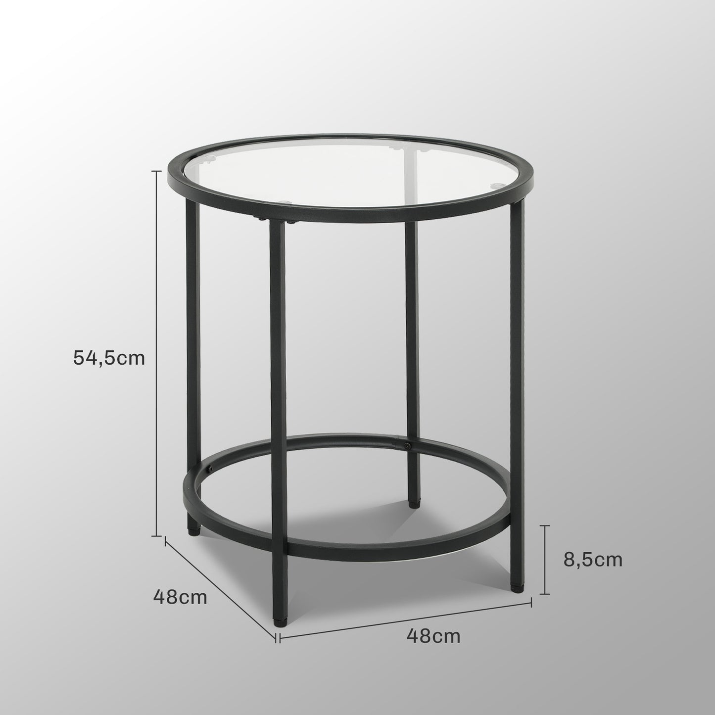 Black round side table - Glass top, metal frame, Ø48 x 54.7 cm