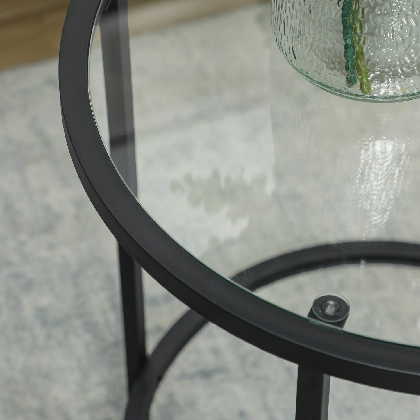 Black round side table - Glass top, metal frame, Ø48 x 54.7 cm