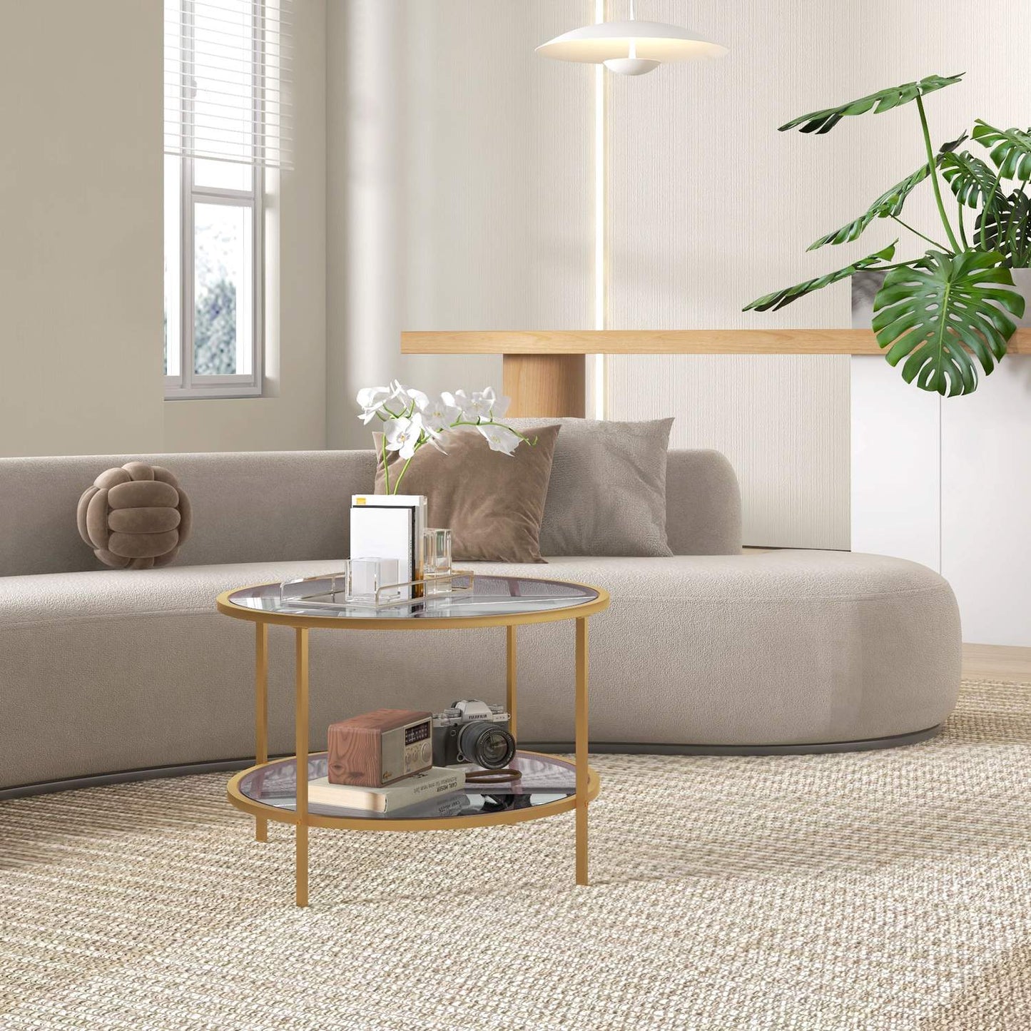 Round Gold Coffee Table with Shelf, Steel frame, Ø60x43 cm
