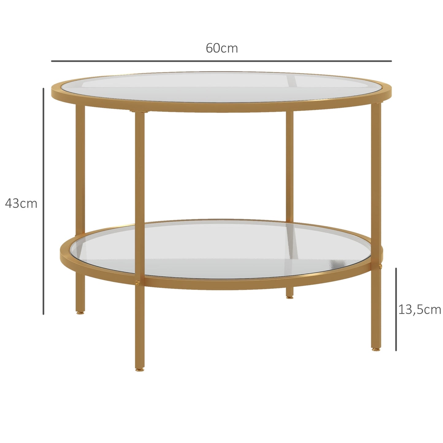 Round Gold Coffee Table with Shelf, Steel frame, Ø60x43 cm