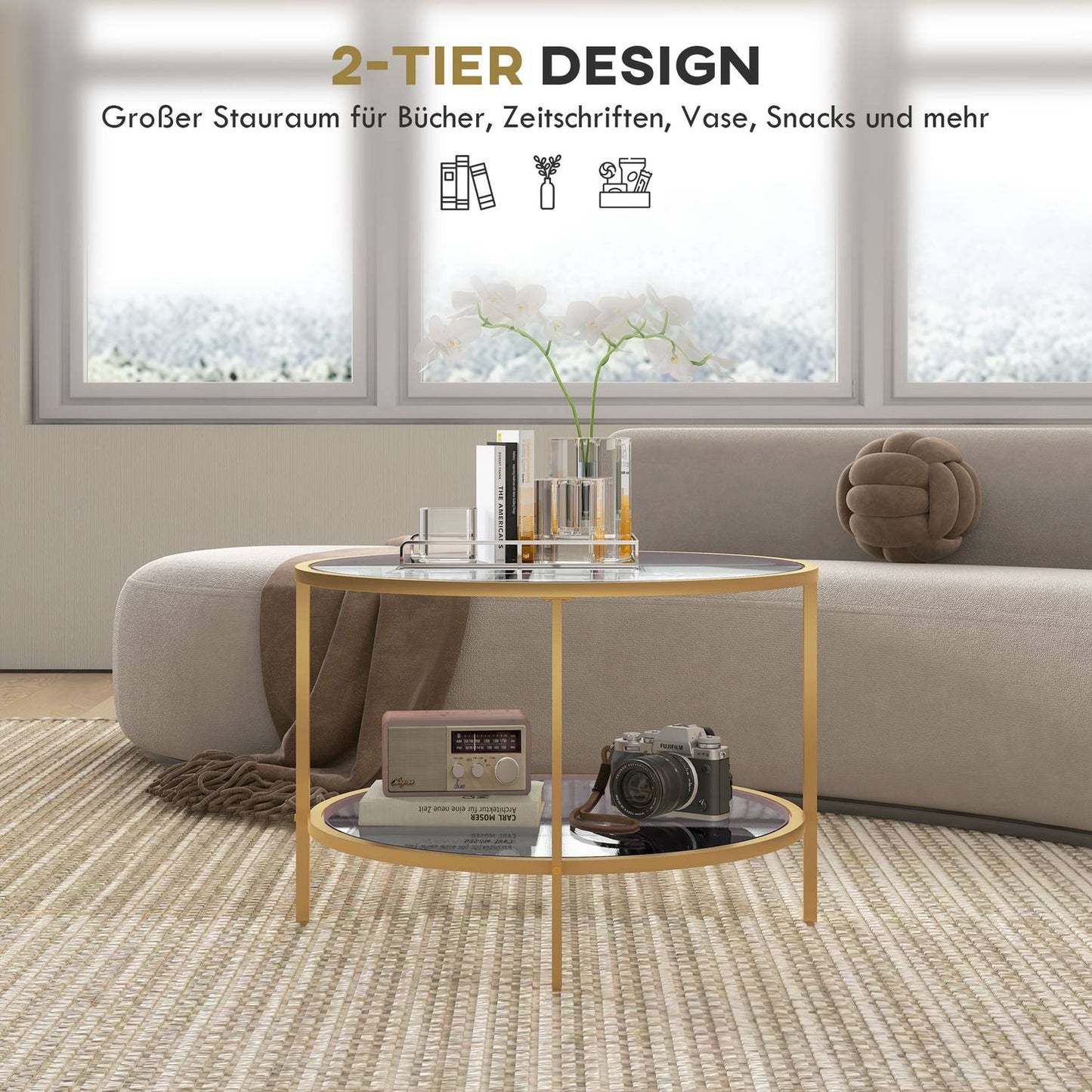 Round Gold Coffee Table with Shelf, Steel frame, Ø60x43 cm