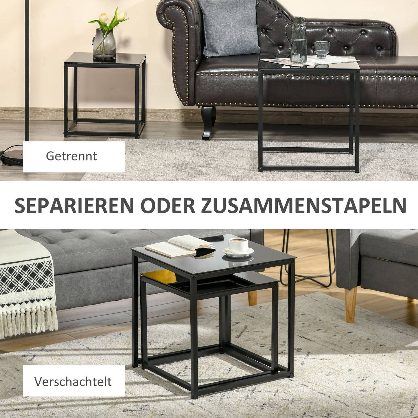 Black nesting coffee table set - Glass top, steel frame