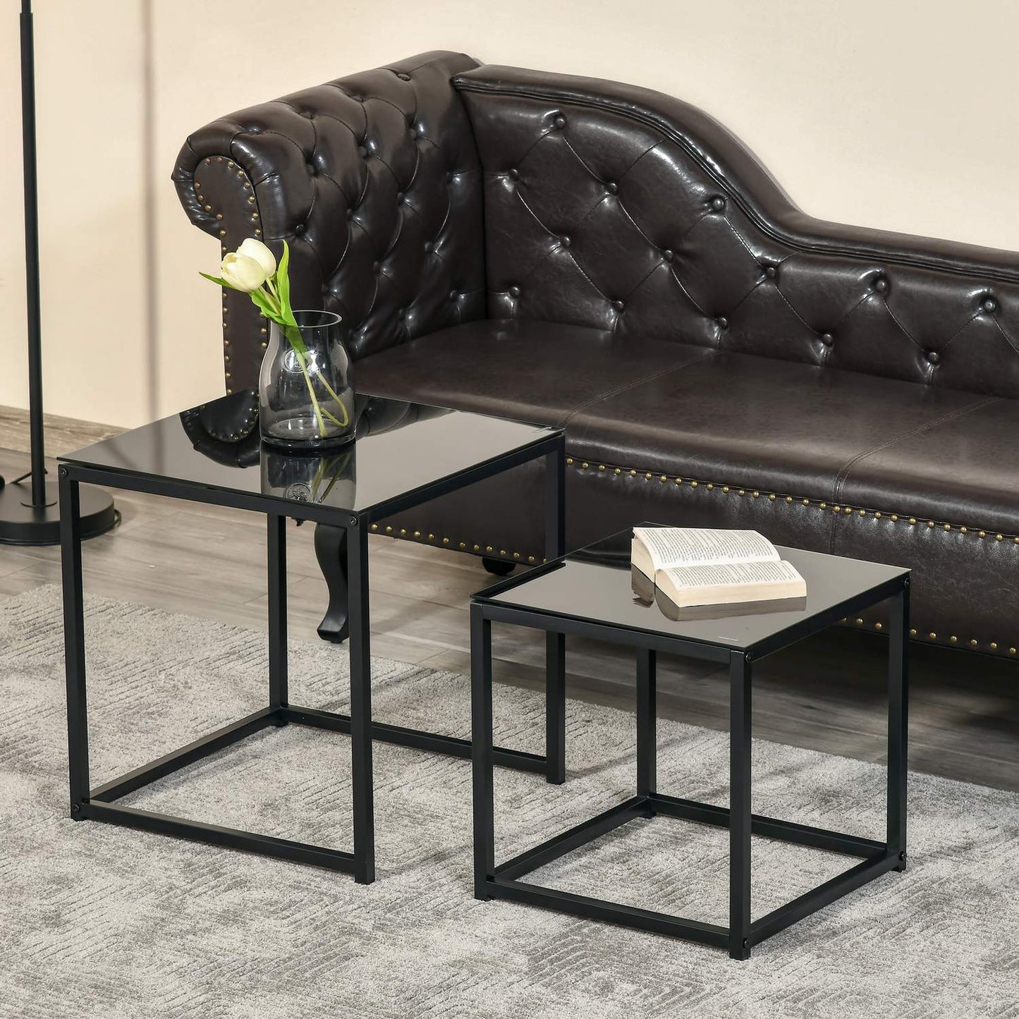 Black nesting coffee table set - Glass top, steel frame