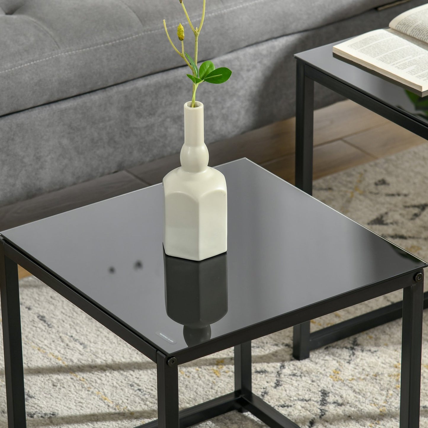 Black nesting coffee table set - Glass top, steel frame