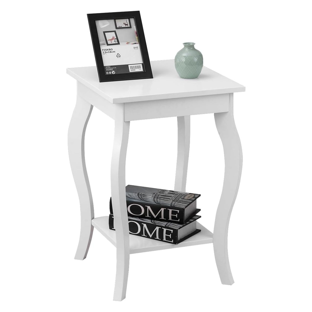 Side tables with curved legs & 2 tier shelves for living room white