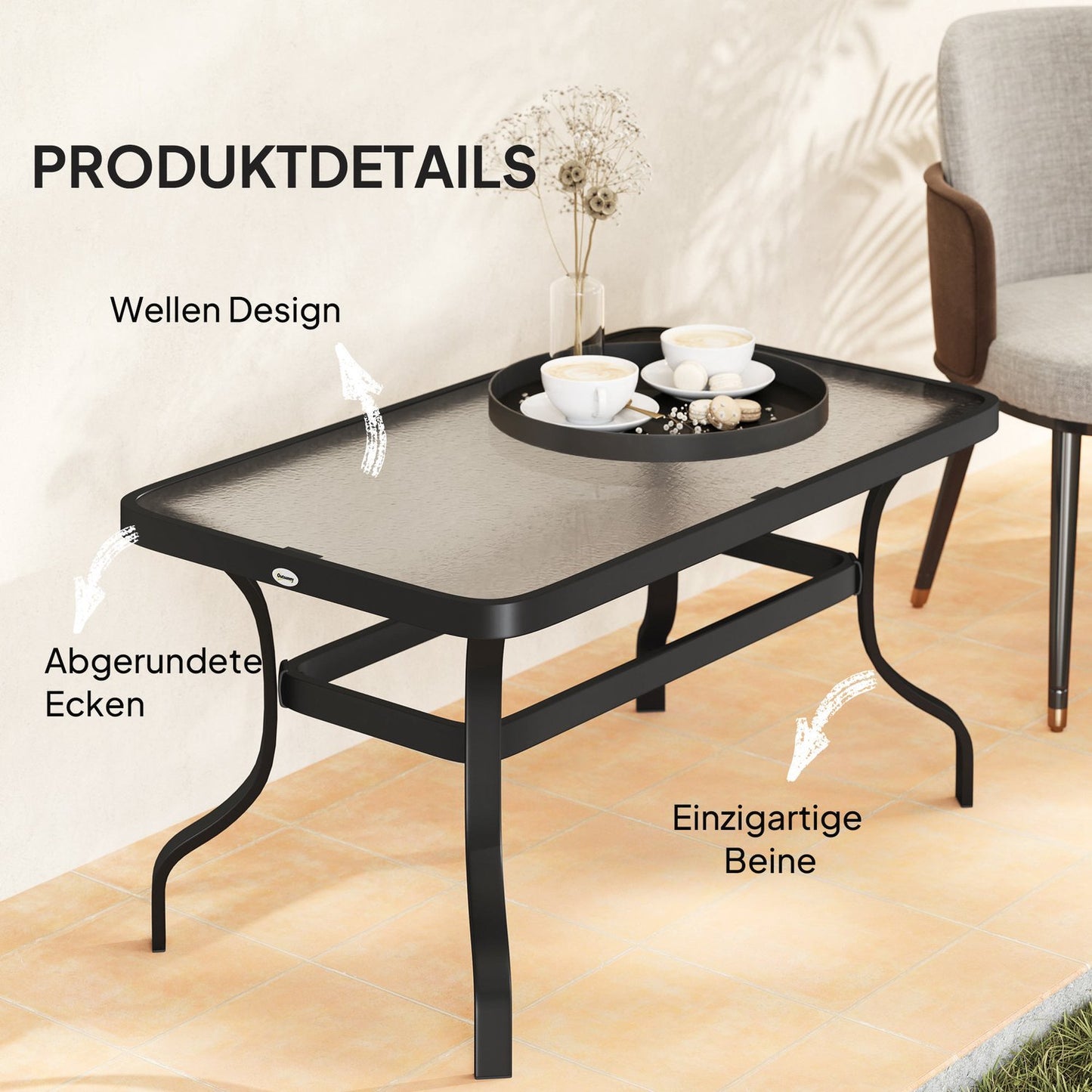 Coffee table in tempered glass, wave design, 95x55 cm, black