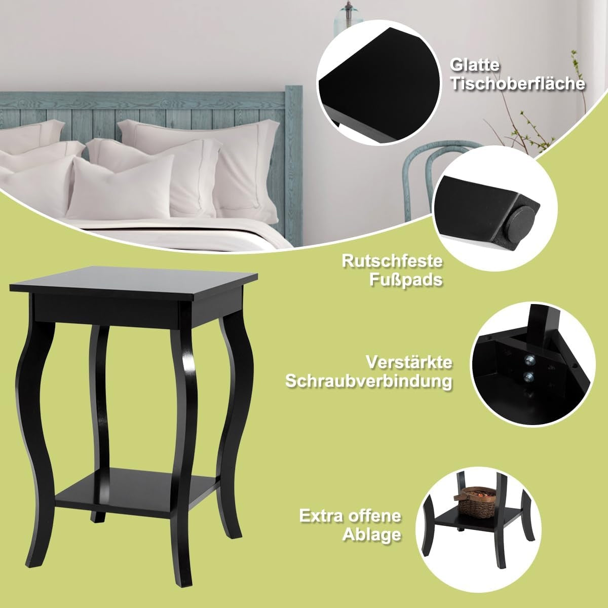 Side table with shelf with curved legs, sofa table, coffee table, 40 x 40 x 60 cm, black