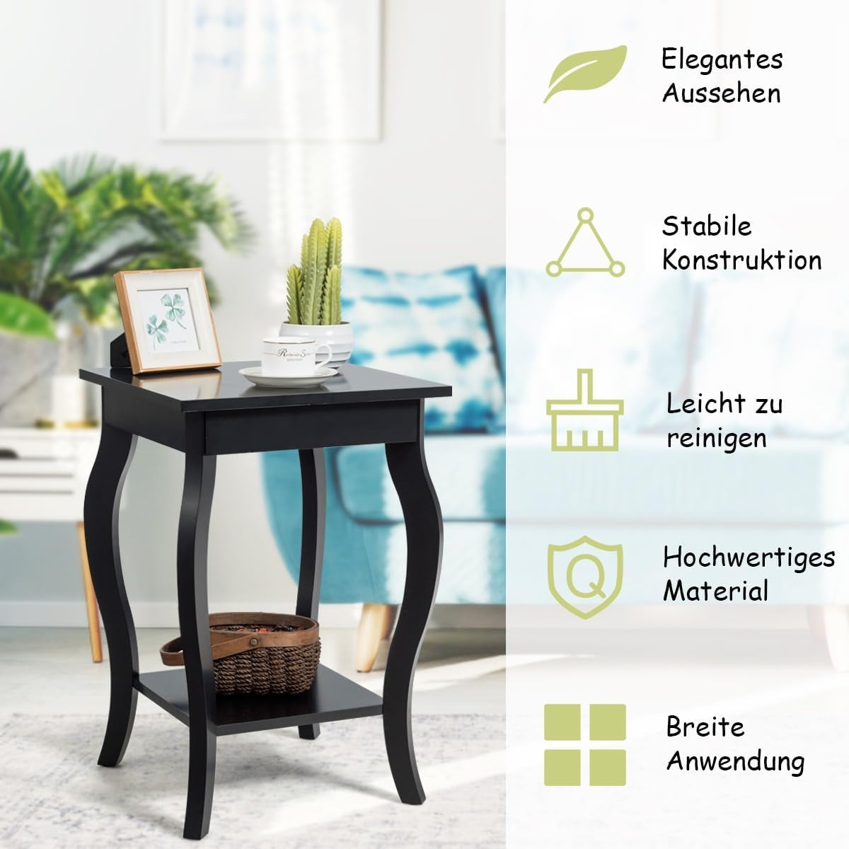 Side table with shelf with curved legs, sofa table, coffee table, 40 x 40 x 60 cm, black