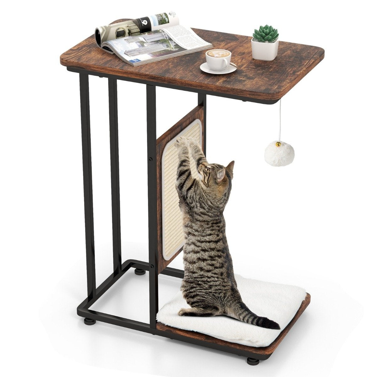 Side table with sisal scratching board 4 in 1 cat furniture cat scratcher with removable cushion & ball 50 x 30 x 64 cm rustic brown