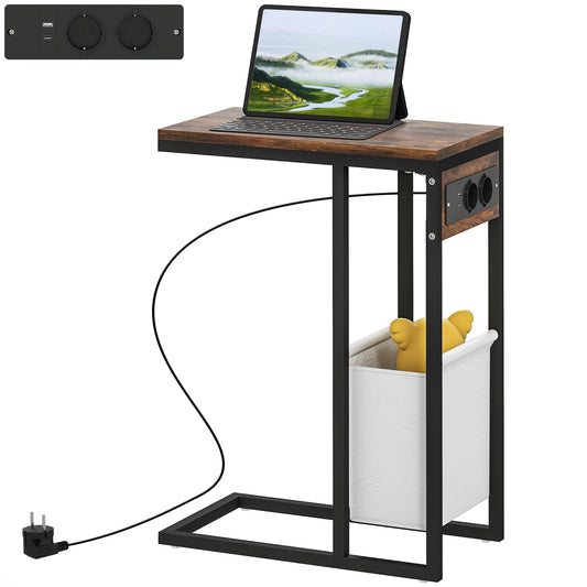 Side Table with Outlets & USB Ports, C-Shaped Design