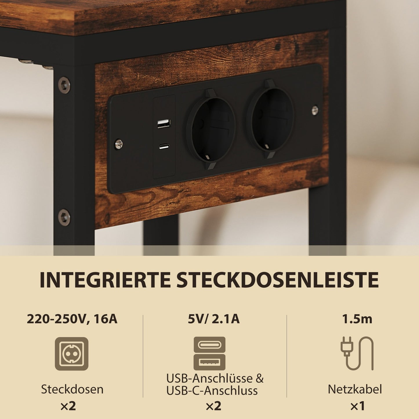 Side Table with Outlets & USB Ports, C-Shaped Design