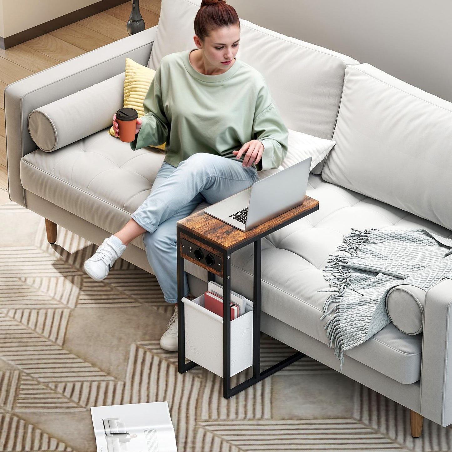 Side Table with Outlets & USB Ports, C-Shaped Design