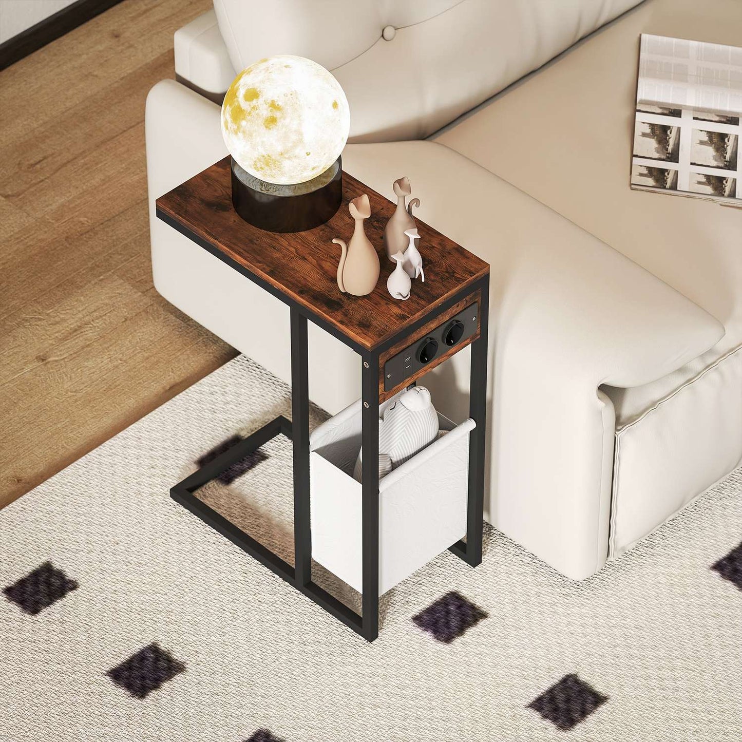 Side Table with Outlets & USB Ports, C-Shaped Design