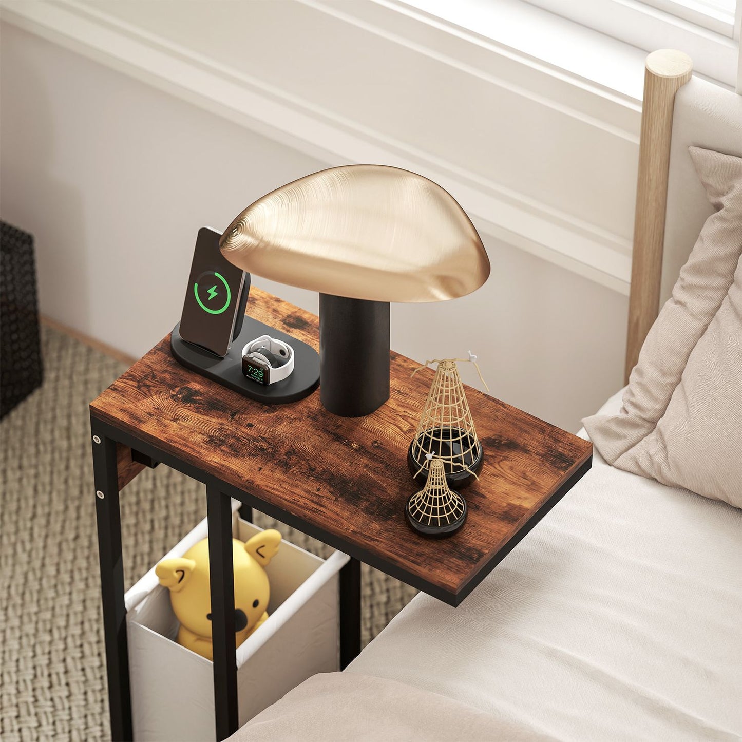Side Table with Outlets & USB Ports, C-Shaped Design