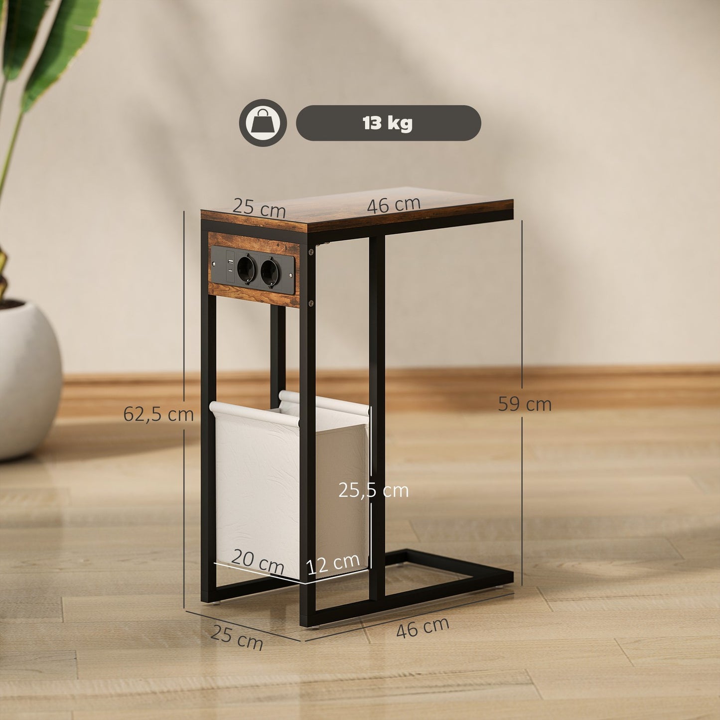 Side Table with Outlets & USB Ports, C-Shaped Design