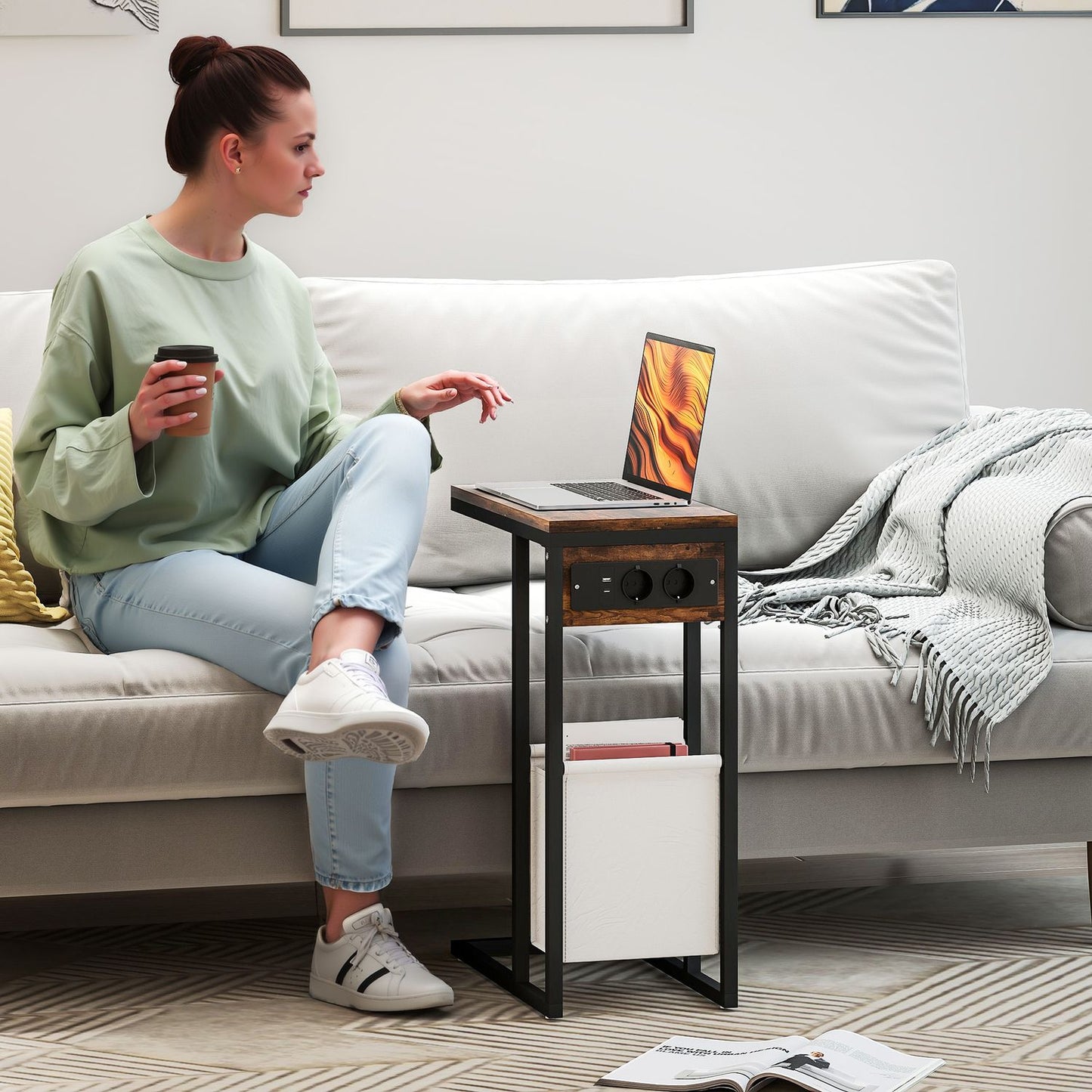Side Table with Outlets & USB Ports, C-Shaped Design