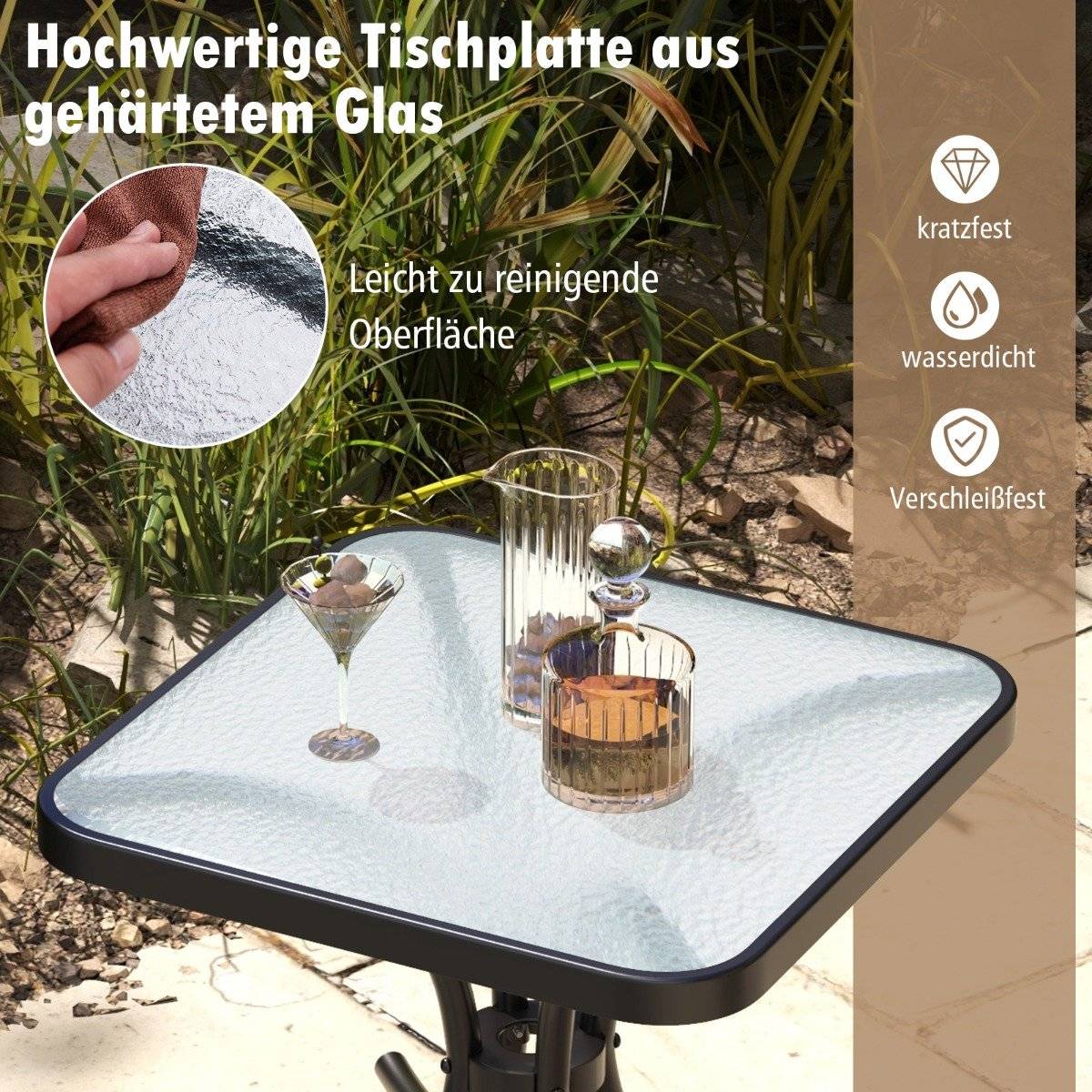 Side table with table top made of tempered glass, weatherproof balcony table, small garden table