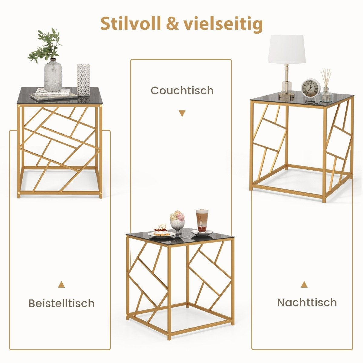 Side table with tempered glass top & metal frame Modern coffee table 50 x 50 x 55 cm