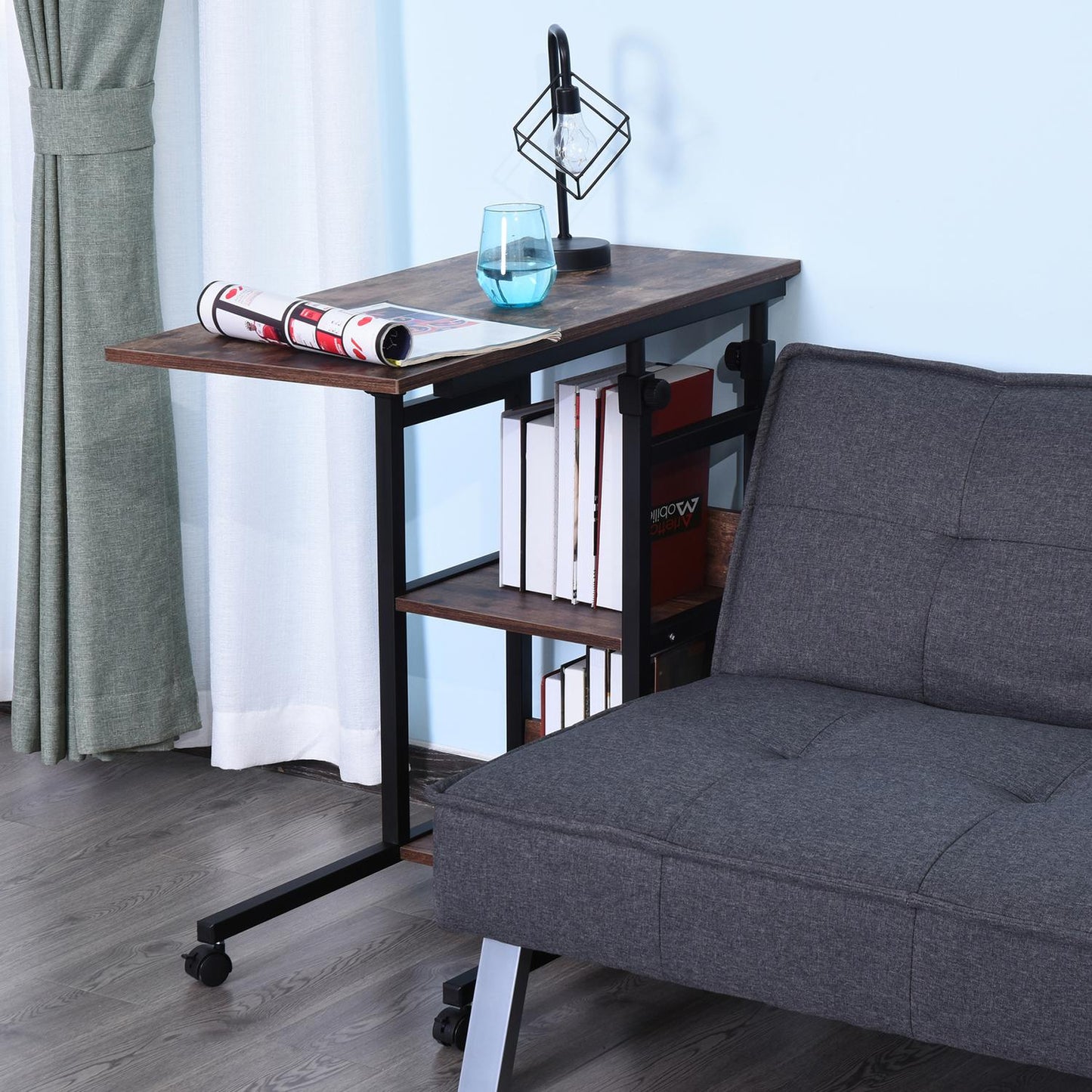Adjustable coffee table in black metal with wheels & 2 shelves