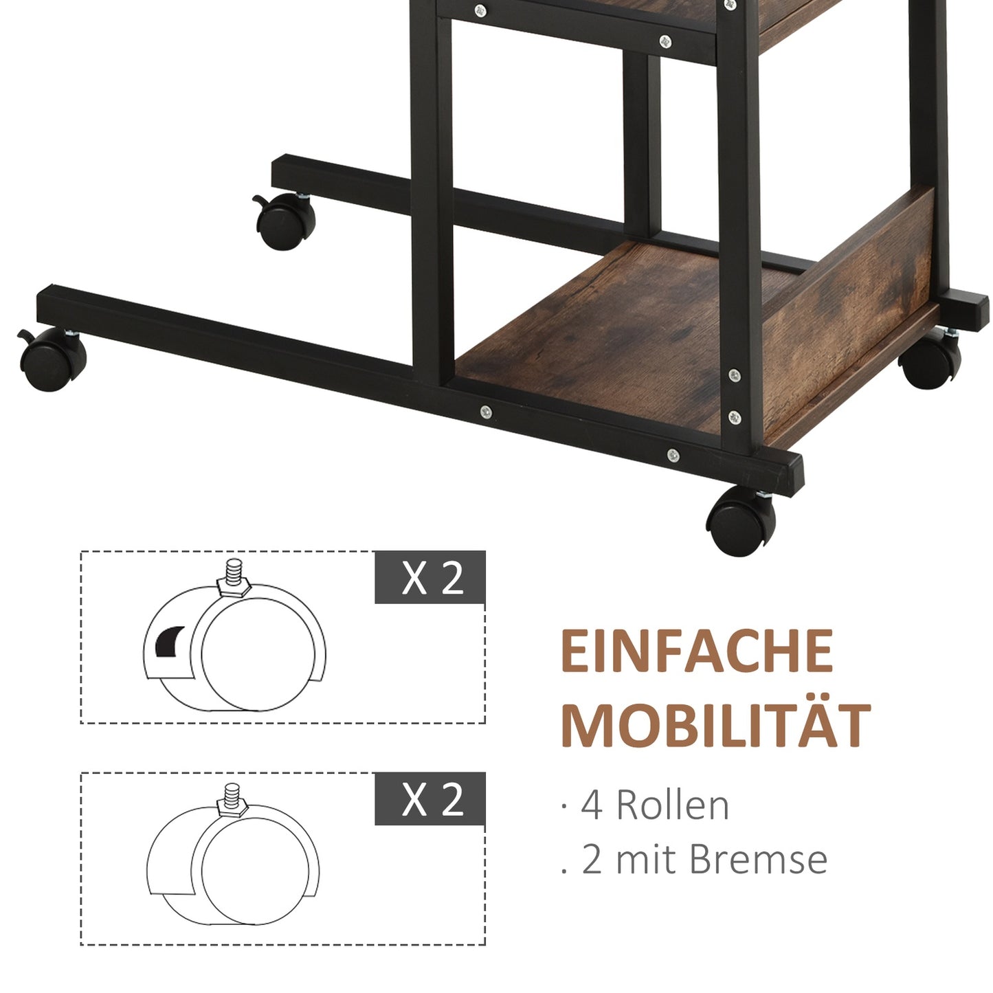 Adjustable coffee table in black metal with wheels & 2 shelves