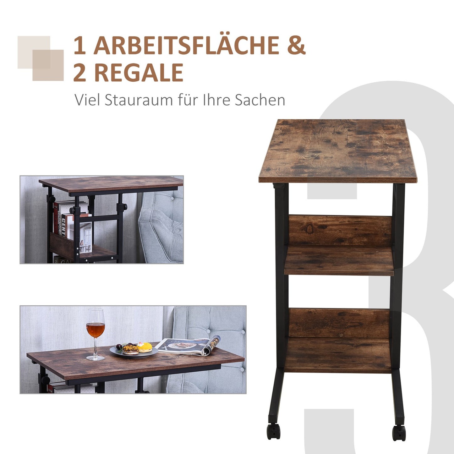 Adjustable coffee table in black metal with wheels & 2 shelves