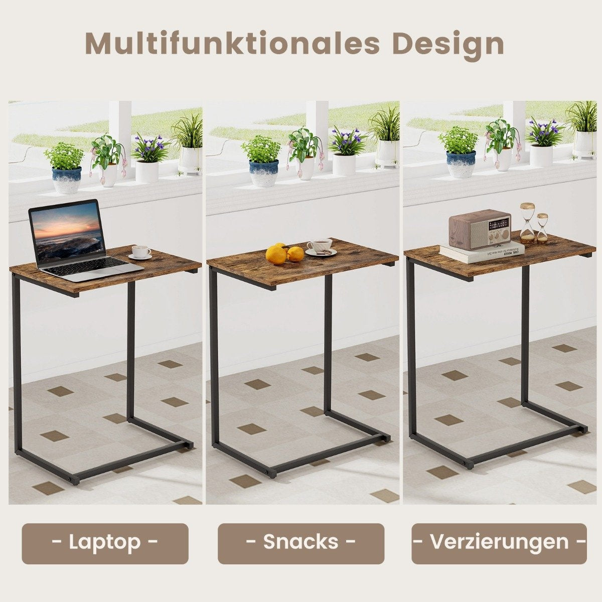 Side table wood metal laptop table C-shaped sofa table 55 x 36 x 67 cm black + brown